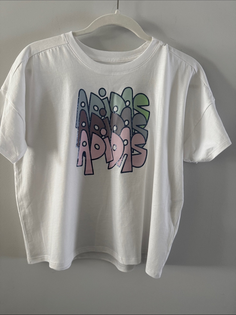 adidas White Graphic Tee with Pastel Multicolor Logo